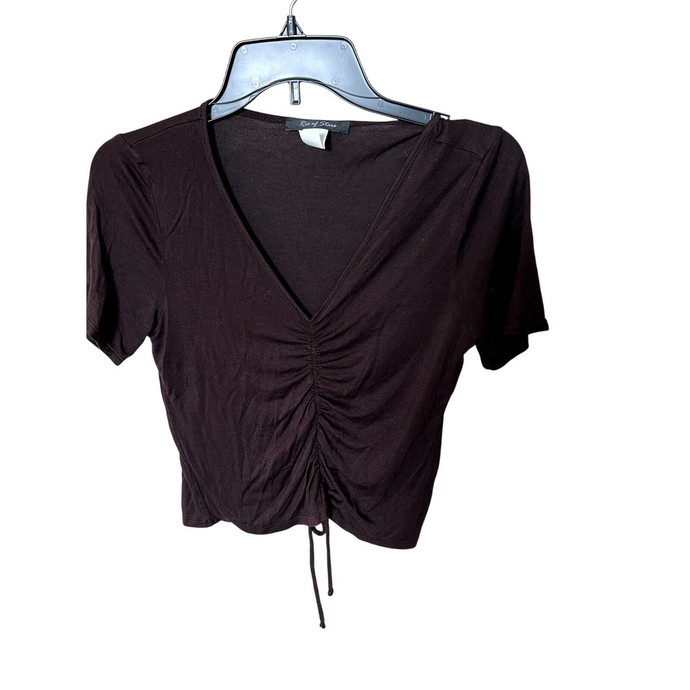 Rio of Stars Women Brown Ruched Front Drawstring V-Neck Crop Top T-1726 Large